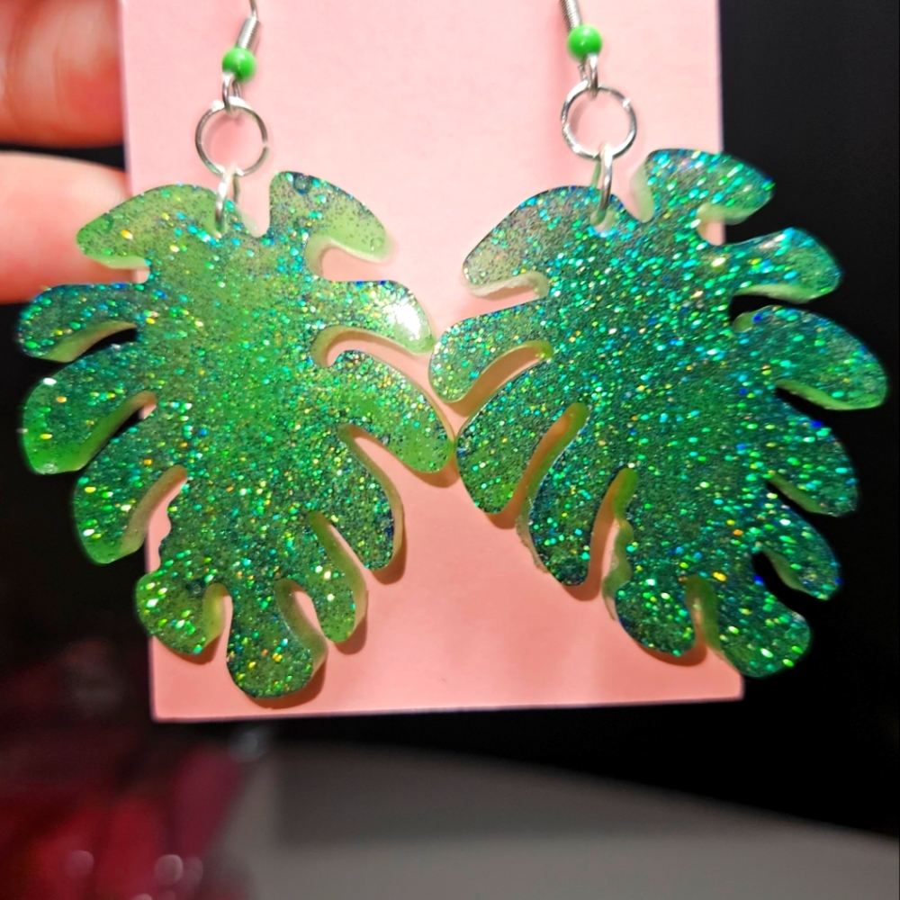Sparkling color shift Monstera leaf earrings